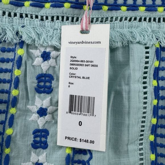 Vineyard Vines Dress Women 0 Crystal Blue Embroidered Shift Boat Neck Short New - Picture 12 of 13